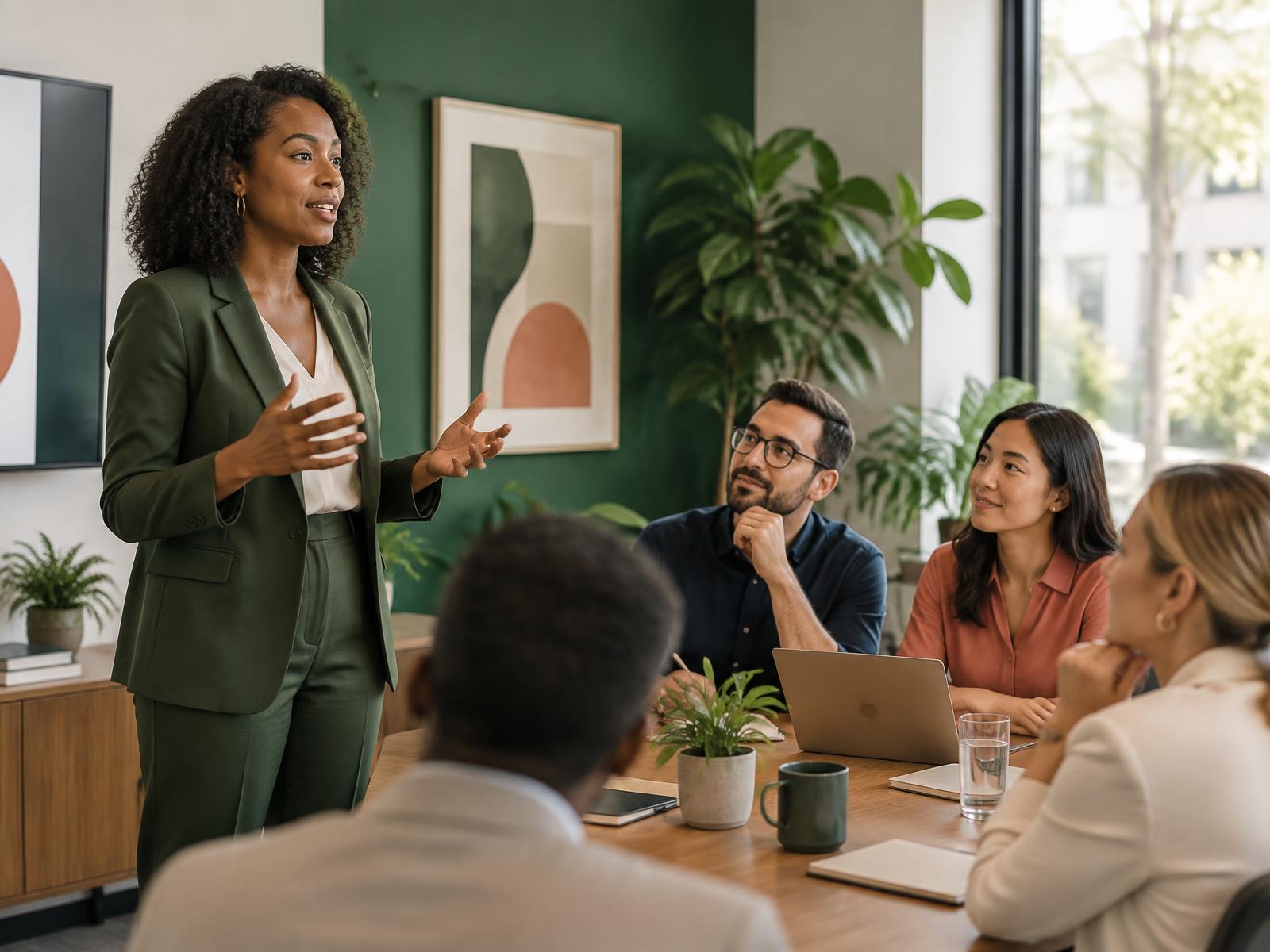 Professional speaker connecting with an attentive audience during presentation practice