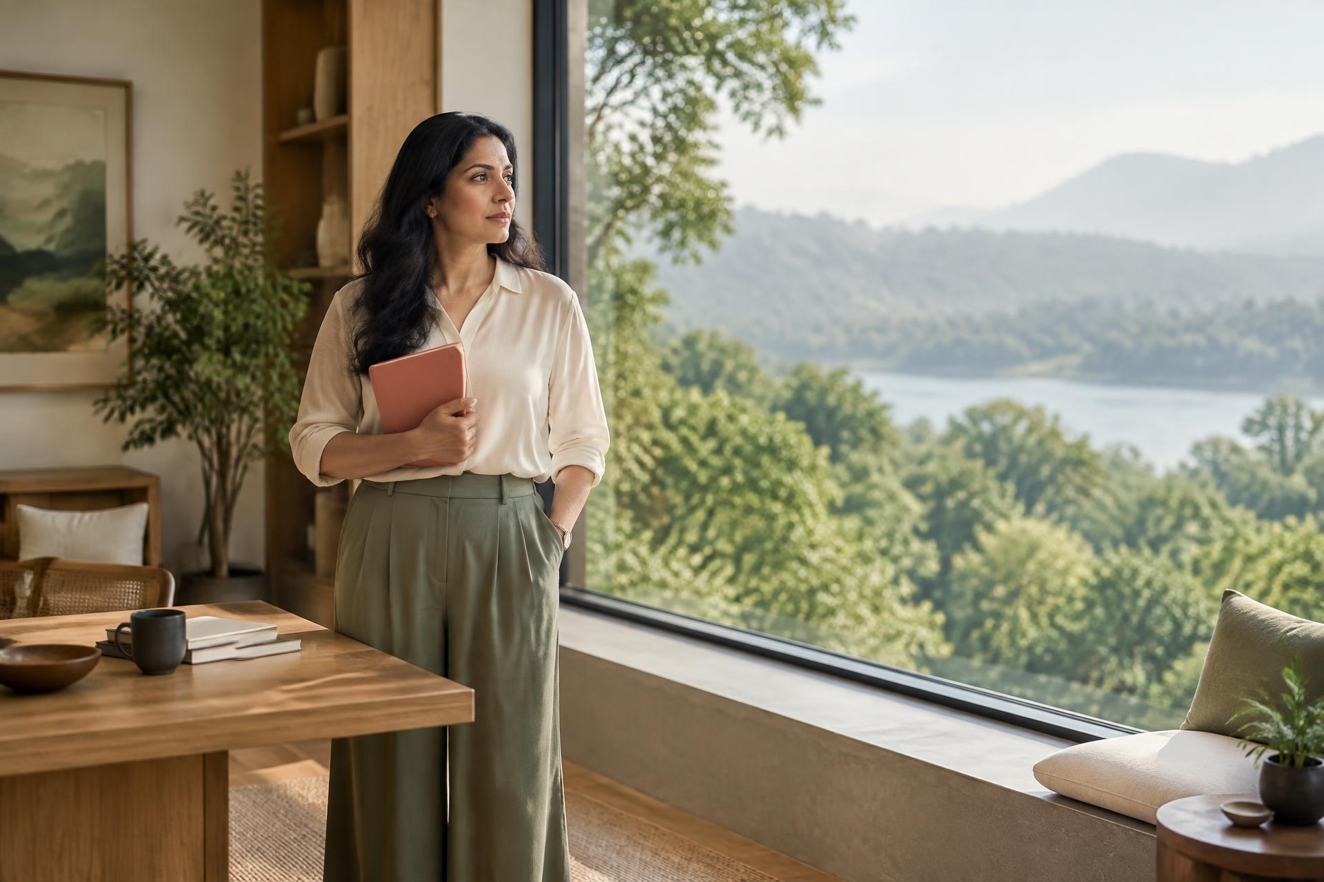 Professional pausing for reflection in a calm nature-connected workspace