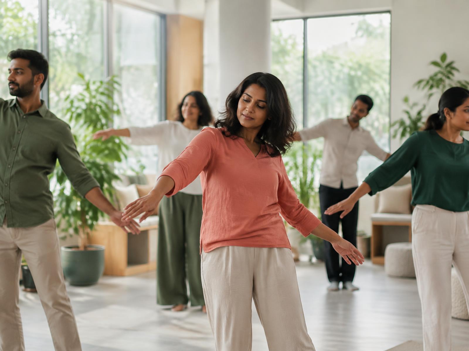 Professionals taking part in a guided creative movement workplace wellbeing session